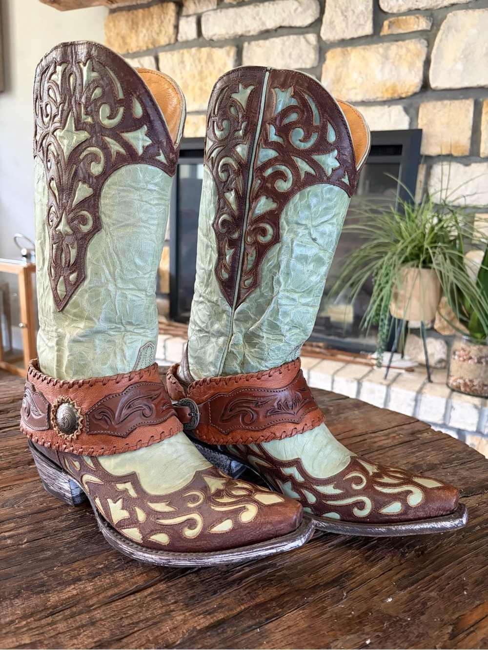 Old Gringo Josefhine Two-Tone Leather Western Boots - Mint Green & Brown 7